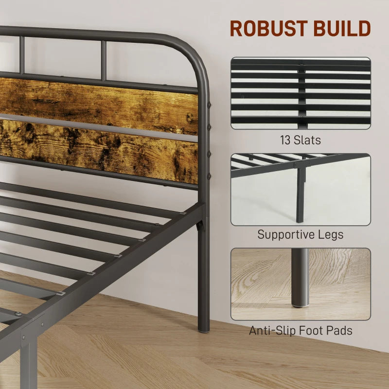 Industrial-Style Black and Brown Single Bed Frame - Sturdy Metal and Wood Design for Modern Bedrooms