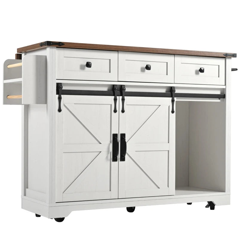 Elegant White Kitchen Island with Extendable Worktop, Smooth Wheels, Ample Storage & Foldable Cabinet - 140x45x94 cm