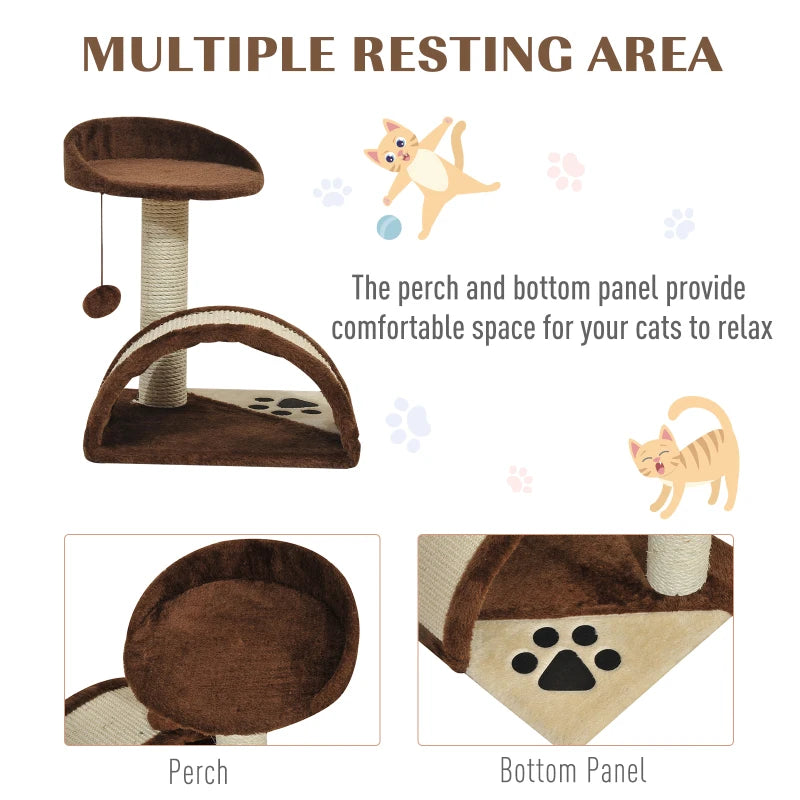 Brown Cat Tree Scratching Post - Kitten Activity Centre with Climber & Hanging Ball - Durable Scratcher for Cats