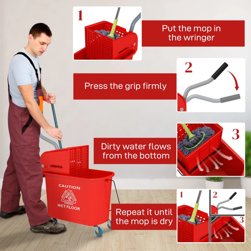 20L Compact Mop Bucket on Wheels with Water Separation Panel - Red | Ideal for Easy Cleaning and Storage
