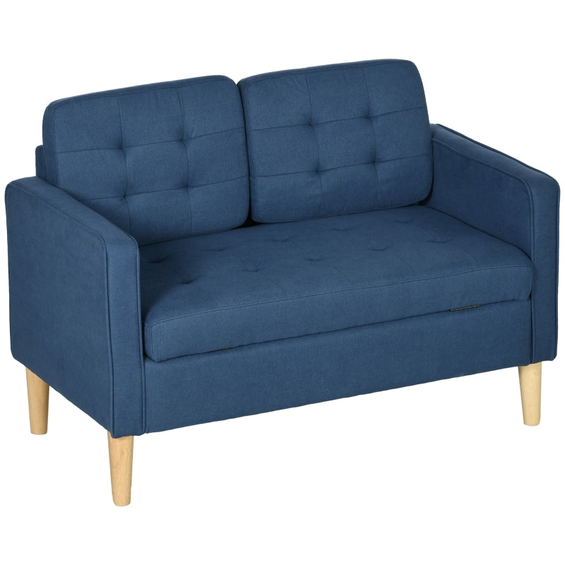 Compact Modern Loveseat Sofa with Hidden Storage, 117cm Tufted Cotton Couch with Wooden Legs in Blue