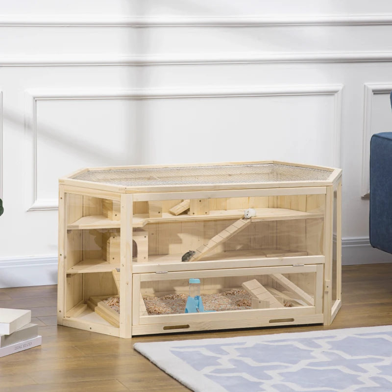 3 Tier Large Wooden Hamster Cage with Sliding Tray, Seesaws & Water Bottle - Natural Habitat for Small Pets