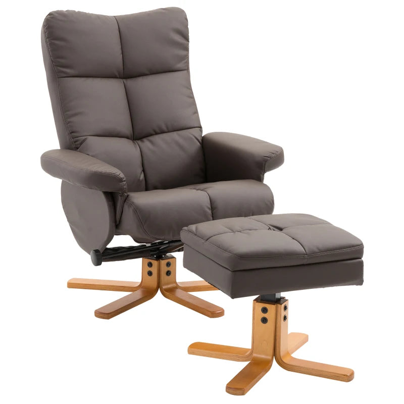 Swivel Reclining Armchair with Ottoman, Faux Leather Chair with Wooden Base and Storage Footstool for Living Room, Brown