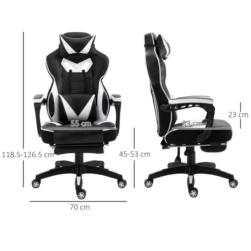 Vinsetto White Gaming Chair with Lumbar Support & Footrest - PU Leather Racing Desk Chair with Headrest & Swivel Wheels
