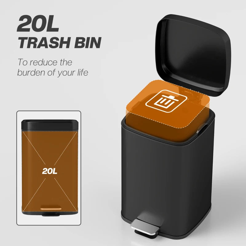 20L Modern Boxy Black Metal Kitchen Bin - Stylish Trash Can for Home Organization and Waste Management