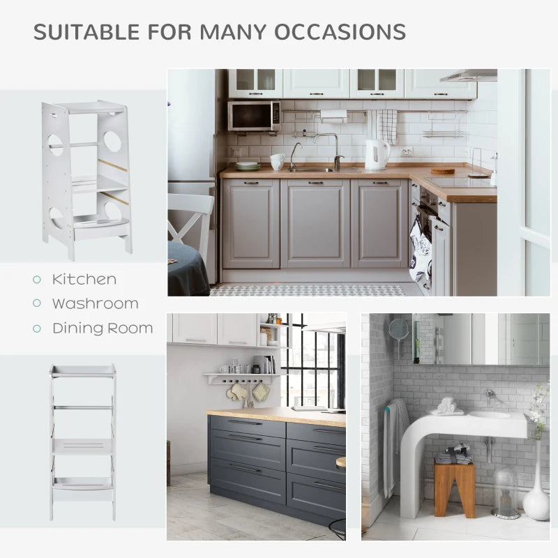 Adjustable Kids Step Stool - Toddler Kitchen Tower with Safe Standing Platform, Grey - Perfect for Little Helpers!