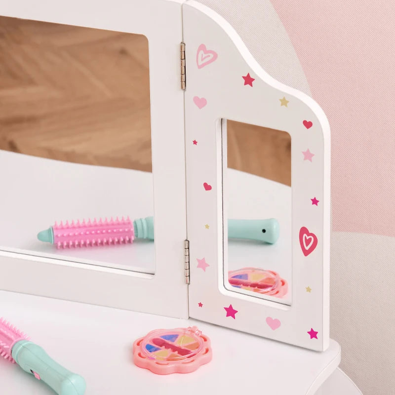 Kids Vanity Table Set with Tri-Folding Mirror and Stool Makeup Dressing Table with Drawer White