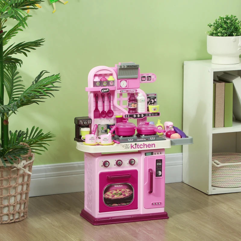 Kids Play Kitchen Set with 33 Accessories Lights Sounds Storage for Ages 3-6 Pink