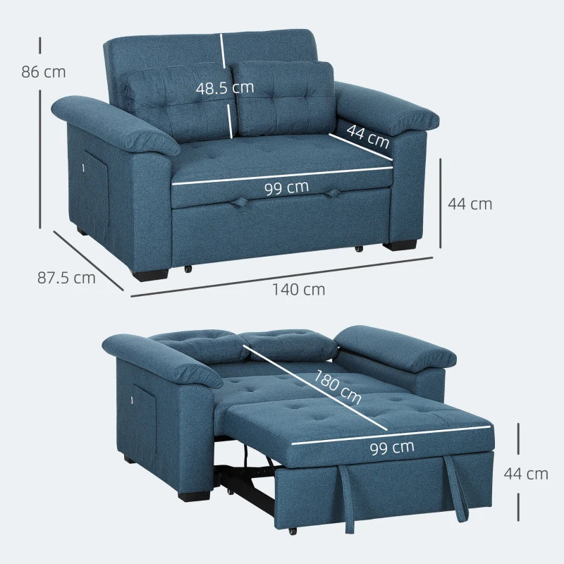 Fabric 2-Seater Click Clack Sofa Bed with Pocket Springs, Convertible Couch with Pillows and Side Pockets in Blue
