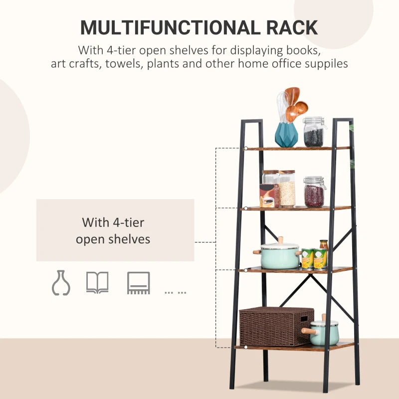 4-Tier Industrial Ladder Shelf - Rustic Brown & Black Bookshelf for Living Room, Bedroom, Kitchen Storage Rack