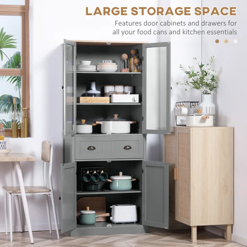 180cm Tall Freestanding Kitchen Pantry Cupboard - 5 Tier Storage Cabinet with Adjustable Shelves & Drawer in Grey
