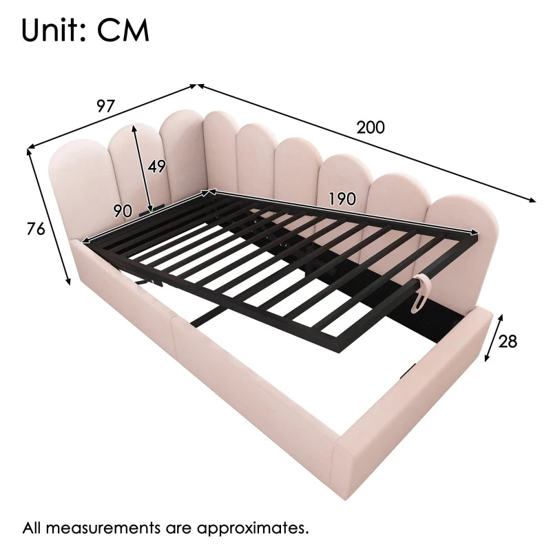 3FT Pink Upholstered Daybed with Hydraulic Storage & Metal Slatted Frame, Velvet Finish, Single Ottoman Bed, 200L x 97W x 76H cm