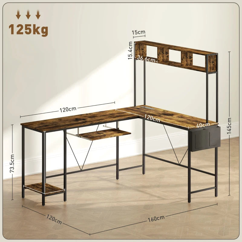 240cm Reversible L Shaped Desk with Power Outlet & Storage Shelves - Industrial Corner Computer Desk for 2 Person, Rustic Brown