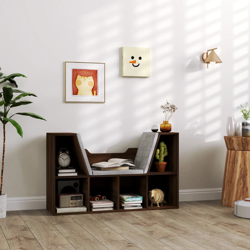 Chestnut Bookcase Storage Shelf with Cushioned Reading Seat - Cube Bookshelf Organizer for Bedroom & Living Room