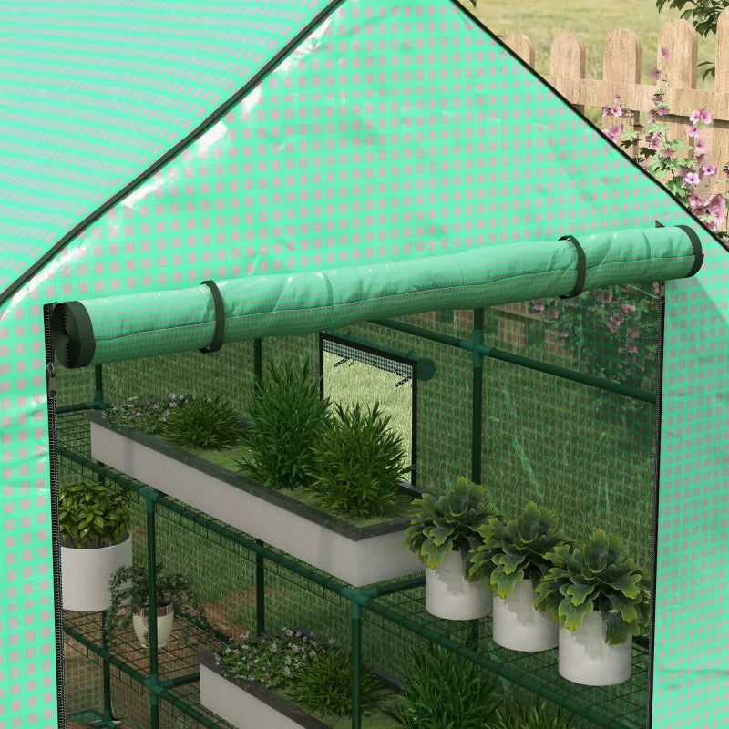 Green 3-Tier Walk-in Garden Greenhouse with PE Cover, Roll-up Door, Mesh Windows - 140 x 213 x 190cm