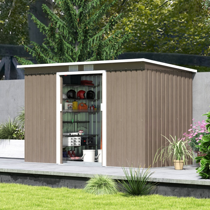 Light Grey Woodgrain 9ft x 4ft Metal Garden Shed with Ventilation & Foundation Kit