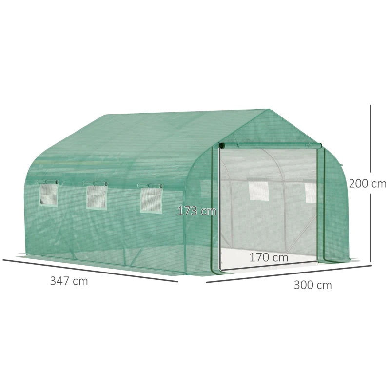 Green Walk-in Garden Greenhouse with Mesh Door, PE Cover, 6 Windows - 3.5 x 3 x 2m