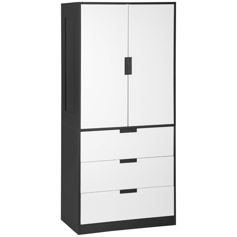 Modern Black 2 Door Wardrobe with 3 Drawers and Hanging Rod for Bedroom Storage