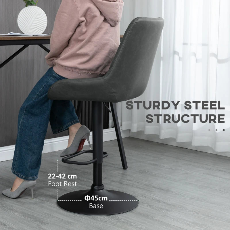 Retro Adjustable Bar Stools Set of 2 Upholstered Kitchen Chairs with Back Swivel Seat Dark Grey