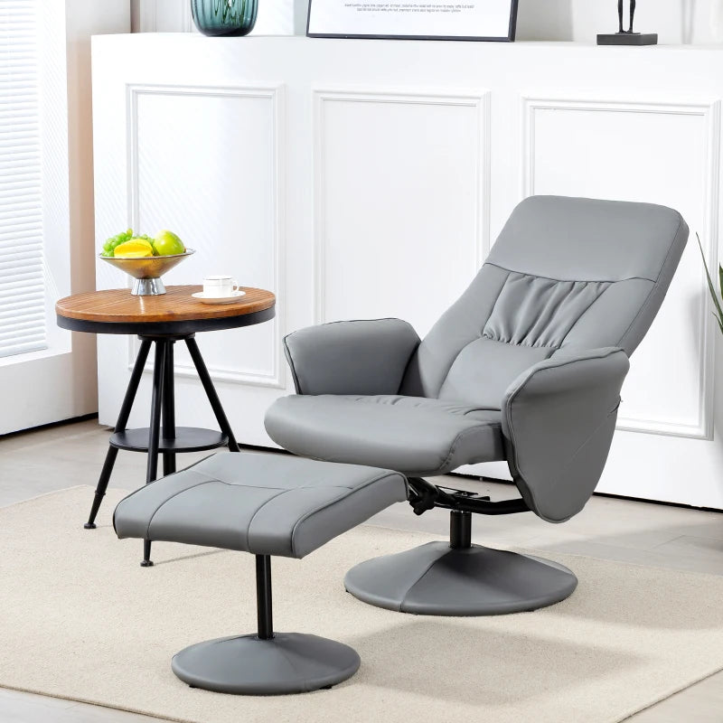 Light Grey Swivel Recliner Chair with Footstool – PU Leather Armchair and Ottoman for Living Room Comfort