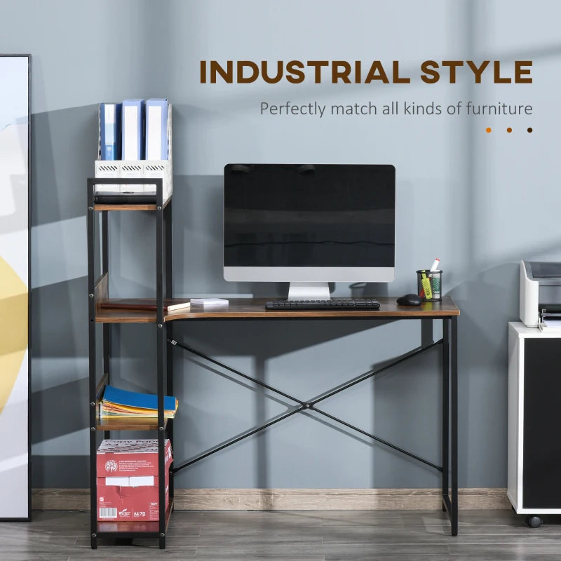 Rustic Brown 120CM Office Desk with Storage Shelves - Industrial Computer Table for Small Home Office Spaces
