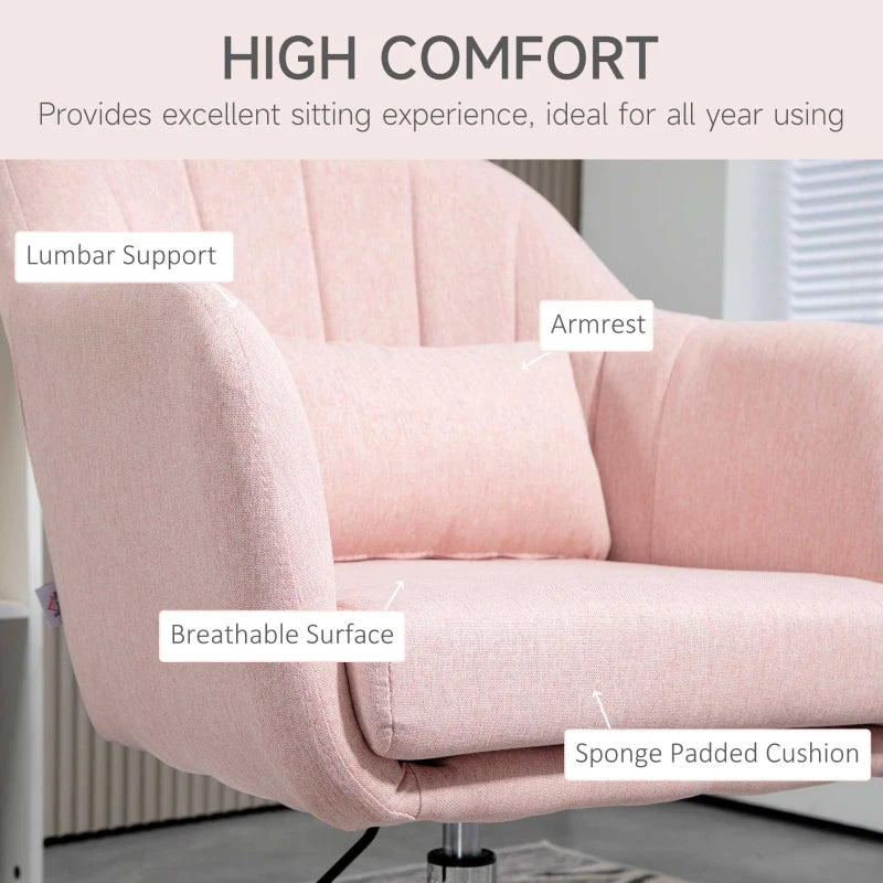 Contemporary Swivel Linen Accent Chair with Adjustable Height, Thick Cushion and Lumbar Support for Living Room or Office in Pink