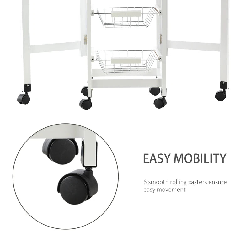 Drop-Leaf Kitchen Cart Trolley with 3 Baskets & Drawer - Rolling Storage Unit on 6 Wheels - White Oak Tone