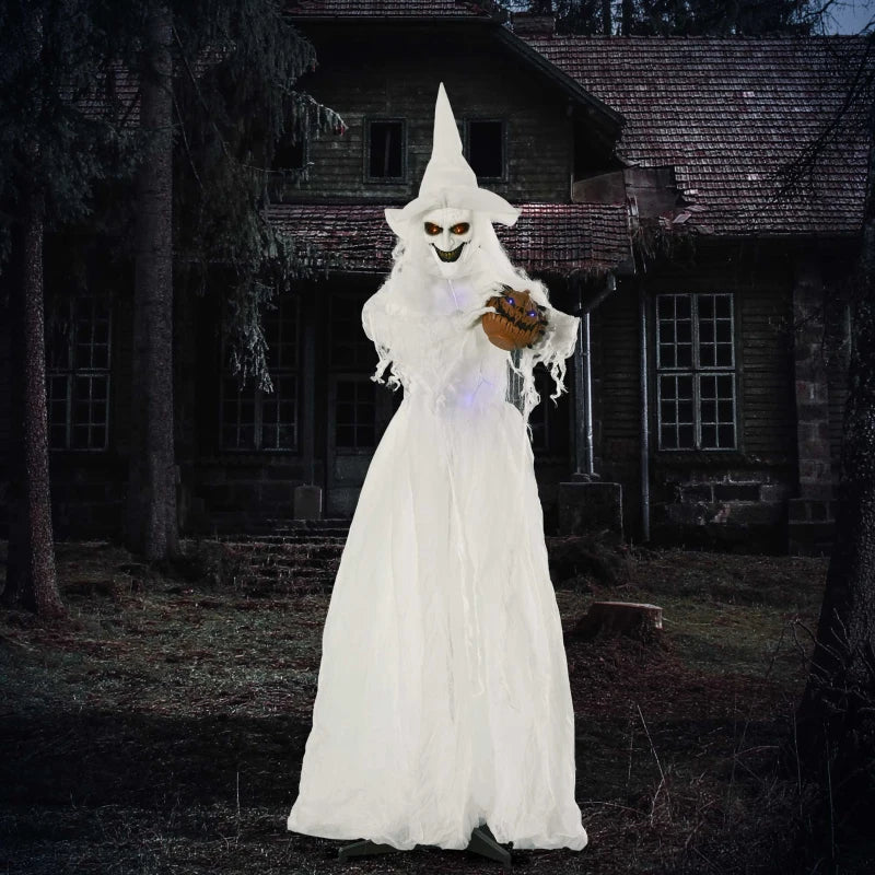 74" Halloween Decorations - Life Size White Witch Holding Pumpkin Head & Skeleton Ghost Prop with Light Up Eyes