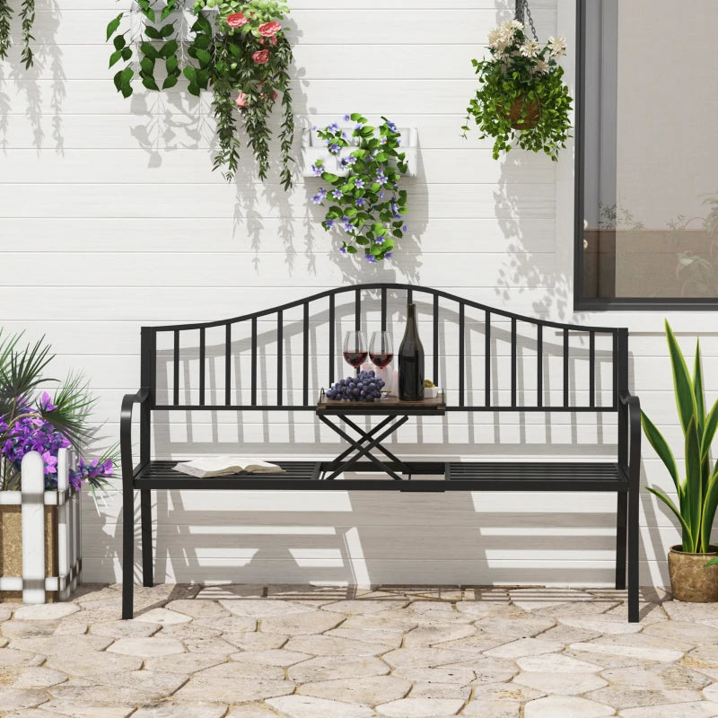 Metal Garden Bench with Table, 160x53x95 cm, Black