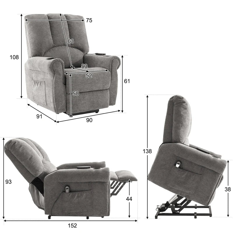 Electric Power Lift Recliner Chair with Heated Massage, Stand Assist, Storage Pockets and Cup Holders in Grey