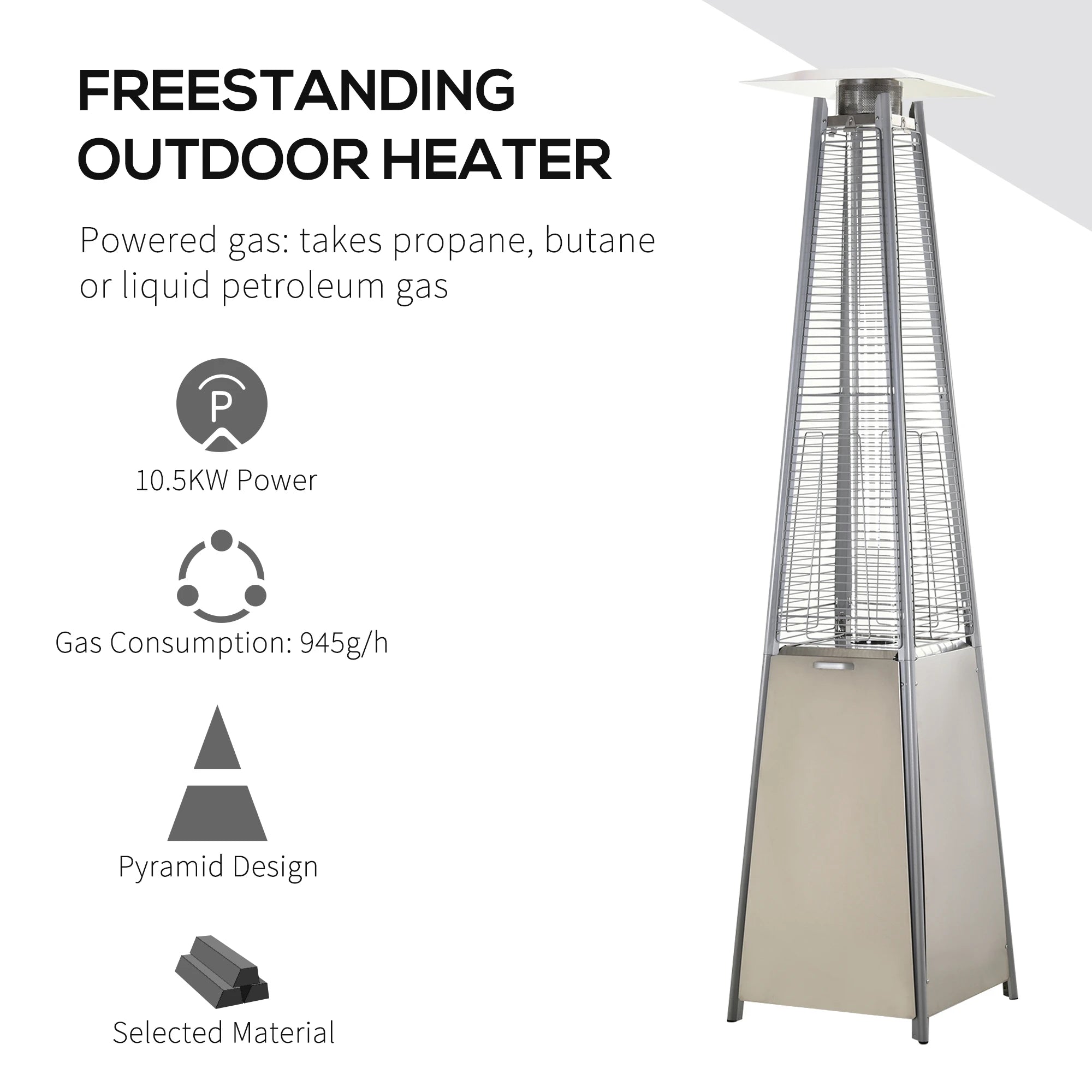Stainless Steel Outdoor Garden Pyramid Patio Heater with Wheels and Rain Cover - Silver