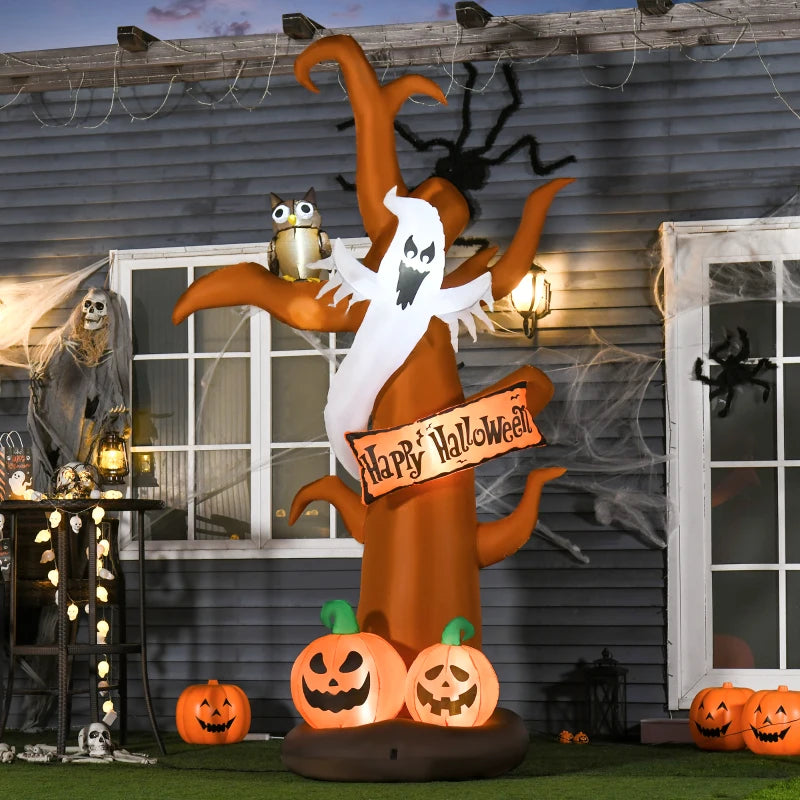 2.7m Halloween Inflatable Dead Tree with Ghost, Pumpkin & Owl - LED Blow Up Decorations for Outdoor Garden Party