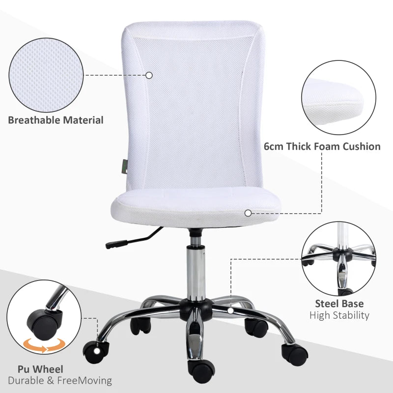 Vinsetto Adjustable Mesh Office Chair - Armless Swivel Desk Chair with Height Control, Modern White Design for Home & Office