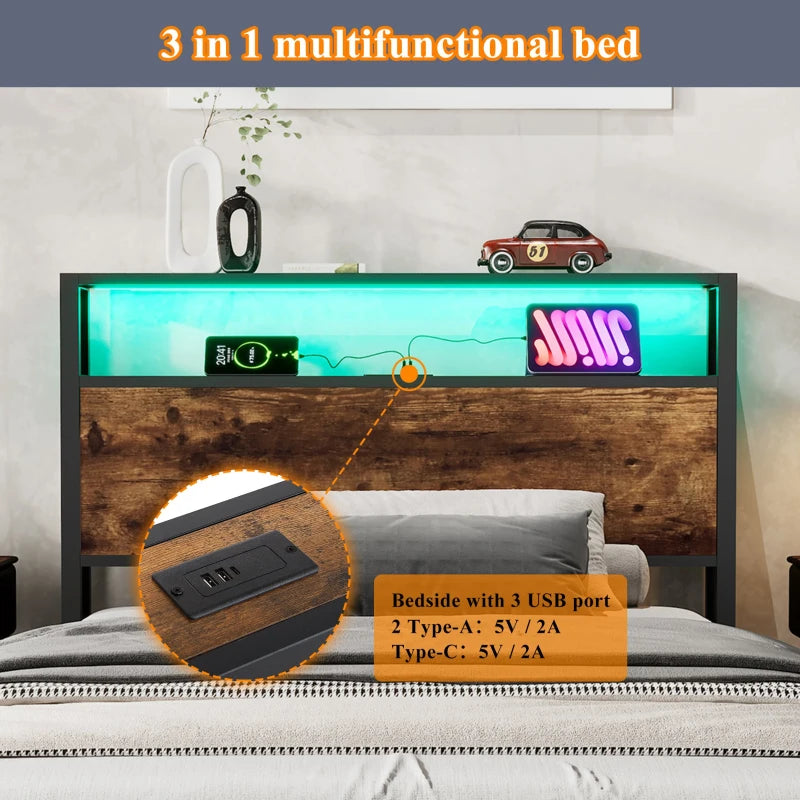 Unique Black Metal Bed with LED Light Strip, USB Ports & Drawer - Modern Bedroom Furniture, 207.5x90.5x105 cm, Dark Walnut Accent