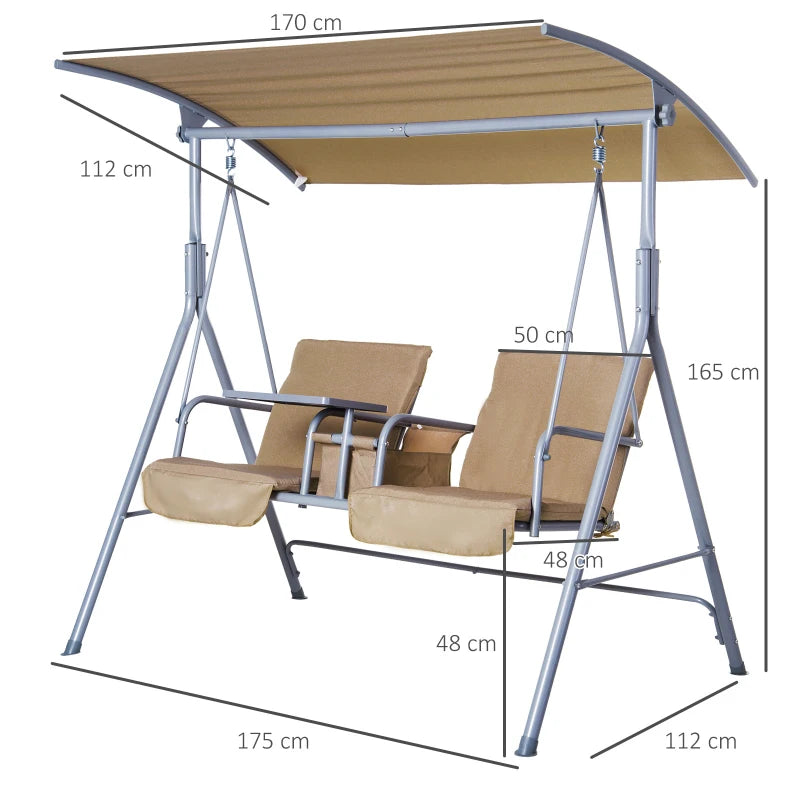 Beige 2 Seater Patio Swing Chair with Tilting Canopy and Storage