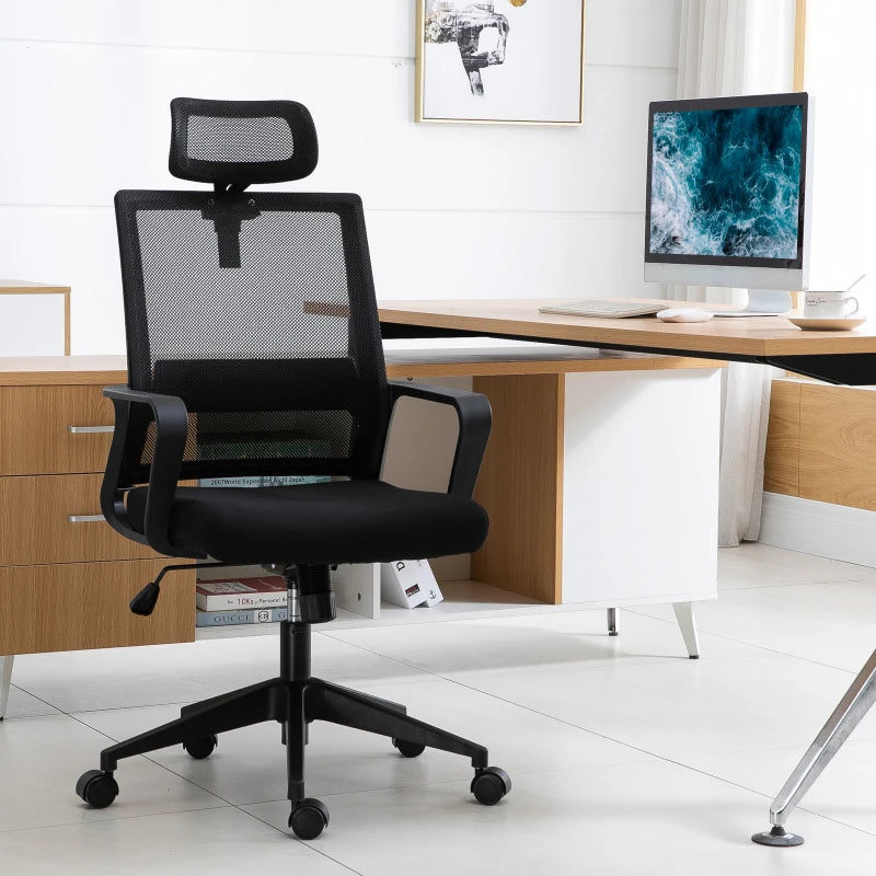 Ergonomic Mesh Swivel Office Chair with Adjustable Headrest & Lumbar Support - High Back Task Chair, Black, Adjustable Height