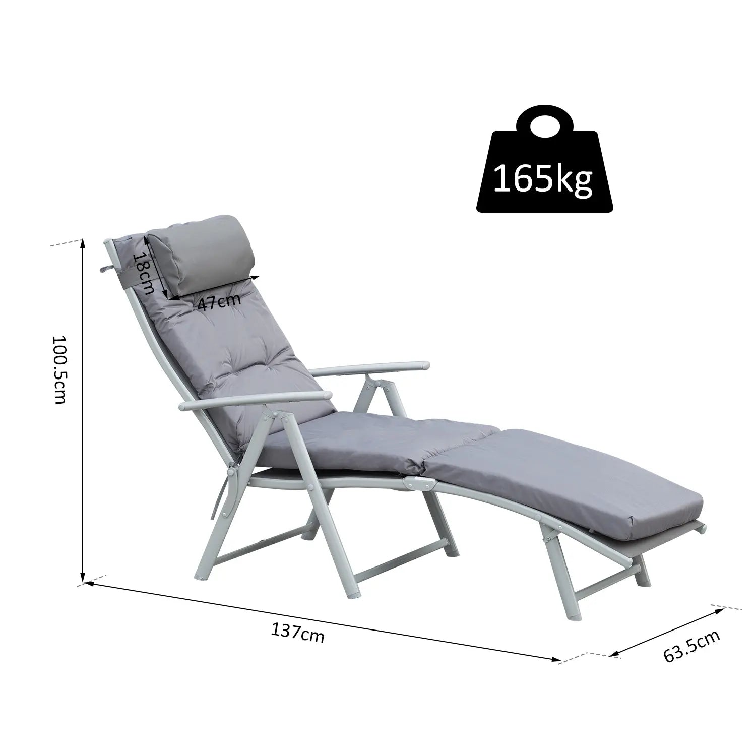 Grey Padded Sun Lounger With Pillow - Foldable