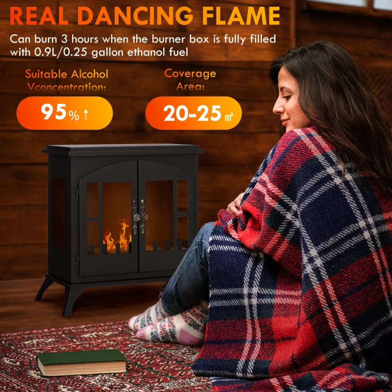 Freestanding Bioethanol Fireplace Stove with Stainless Steel Snuffer 0.9L Tank Indoor Use Black