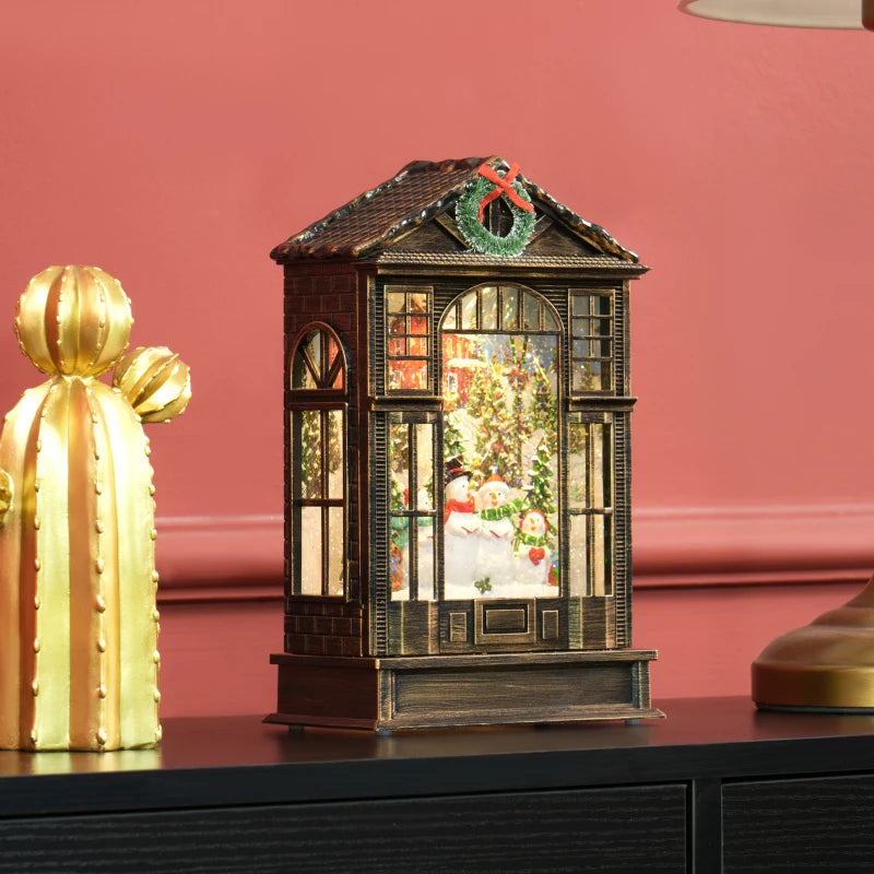 Bronze Tone Christmas Snow Globe Lantern with Lights - Musical Glitter Swirling Decoration, Battery Operated Holiday Gift