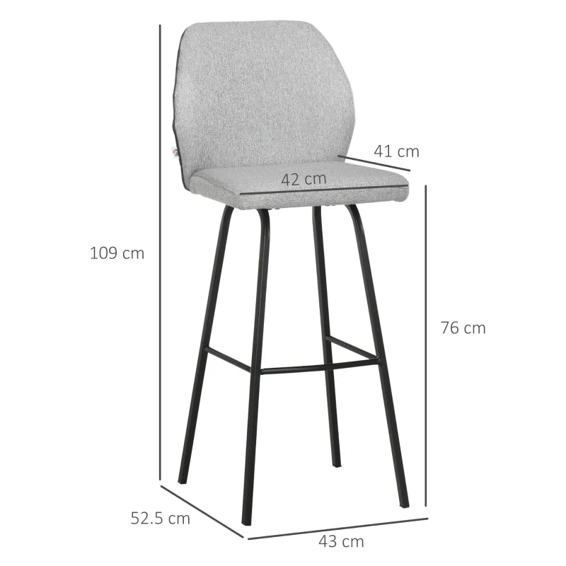 Set of 4 Linen-Touch Upholstered Bar Stools with Backs, Steel Legs - Light Grey Kitchen Chairs for Dining Room