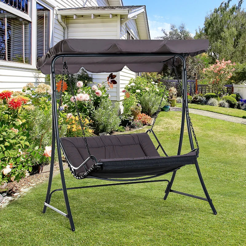 Grey 2-Seater Garden Swing Bed with Adjustable Canopy and Cushioned Seat