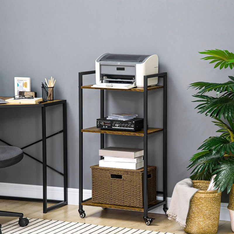 3-Tier Rolling Printer Stand with Adjustable Shelves & Lockable Wheels - Rustic Brown Utility Cart for Home Office