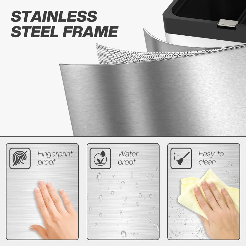 56L Triple Compartment Stainless Steel Kitchen Bin with Deodoriser Holders & Wheels - Stylish Silver Tone Waste Solution