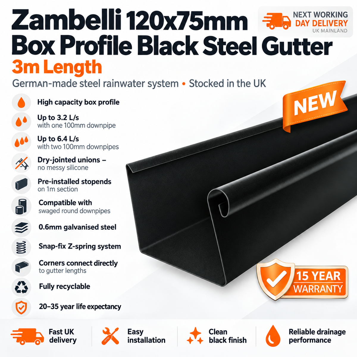 Zambelli 120x75mm Box Profile Black Galvanised Steel Gutter - 3m Length