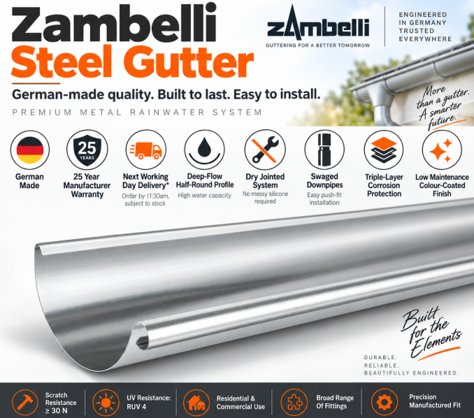 Zambelli 125mm Half Round Galvanised Steel Gutter 3m Length