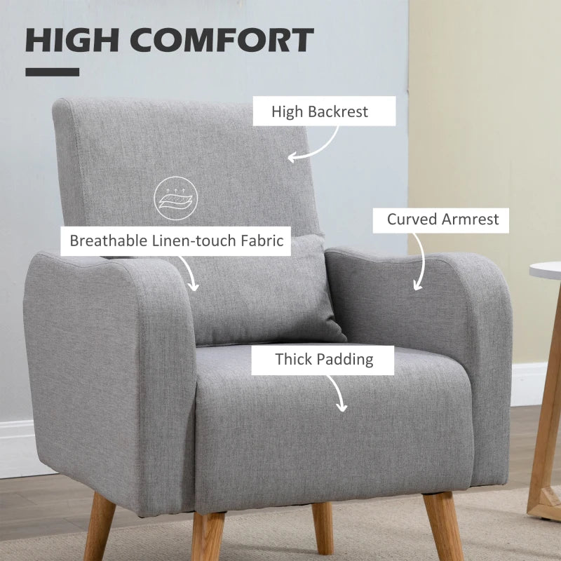 Linen-Touch Accent Chair with Pillow - Upholstered Lounge Sofa for Living Room, Grey Club Chair with Wooden Frame