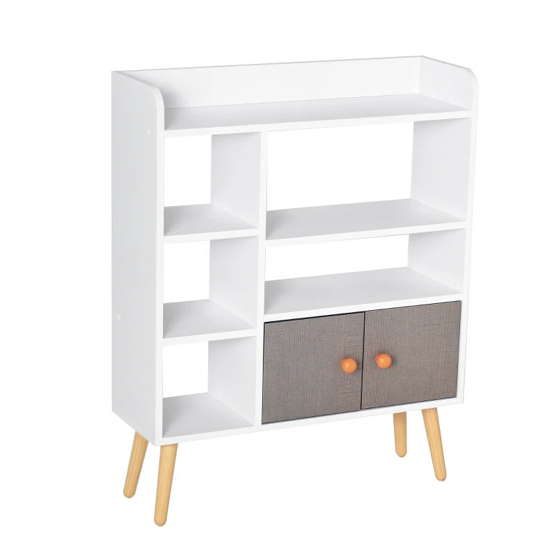 Freestanding Bookcase with Storage Cabinet - 6 Shelves, Wood Legs, White & Grey - Home Office Display, 24D x 71.8W x 90.8H cm