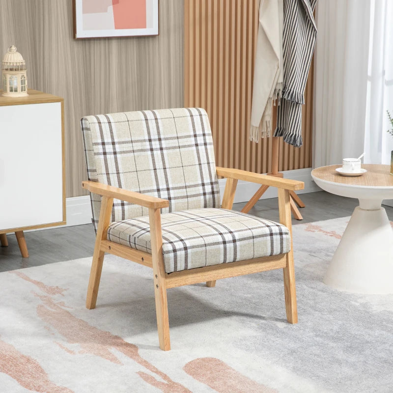Modern One-Seater Sofa for Living Room, Linen Fabric Small Couch with Rubber Wood Frame and Armrests, Beige
