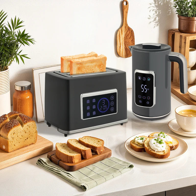 Premium Touch Screen Kettle and Toaster Set - Stylish Grey Kitchen Appliances for Modern Homes