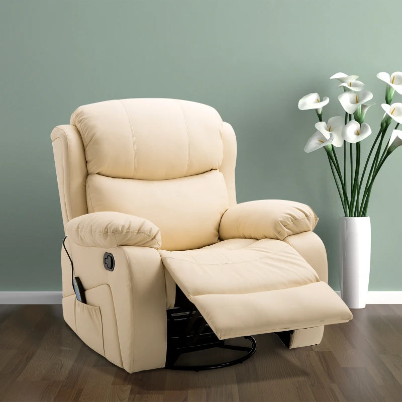 Beige PU Leather Reclining Chair with 8 Massage Points, Heat Function, Swivel Base and Footrest